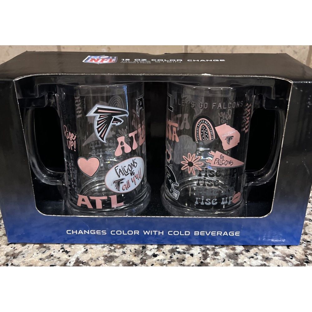 New In Box Set Of 2 NFL Atlanta Falcons 15 Oz Color Change Glass Stein Memory Co